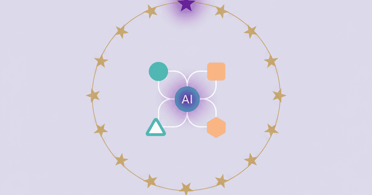 Cluster de cinco nodos de agentes IA conectados, rodeados por un anillo de doce estrellas EU, uno destacado en morado