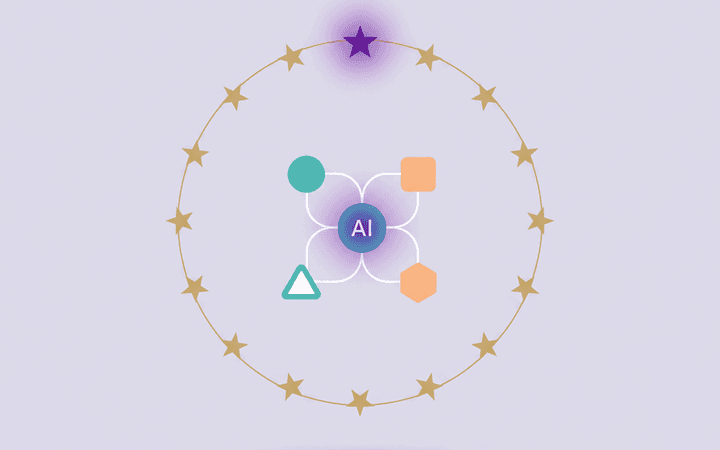 Cluster de cinco nodos de agentes IA conectados, rodeados por un anillo de doce estrellas EU, uno destacado en morado
