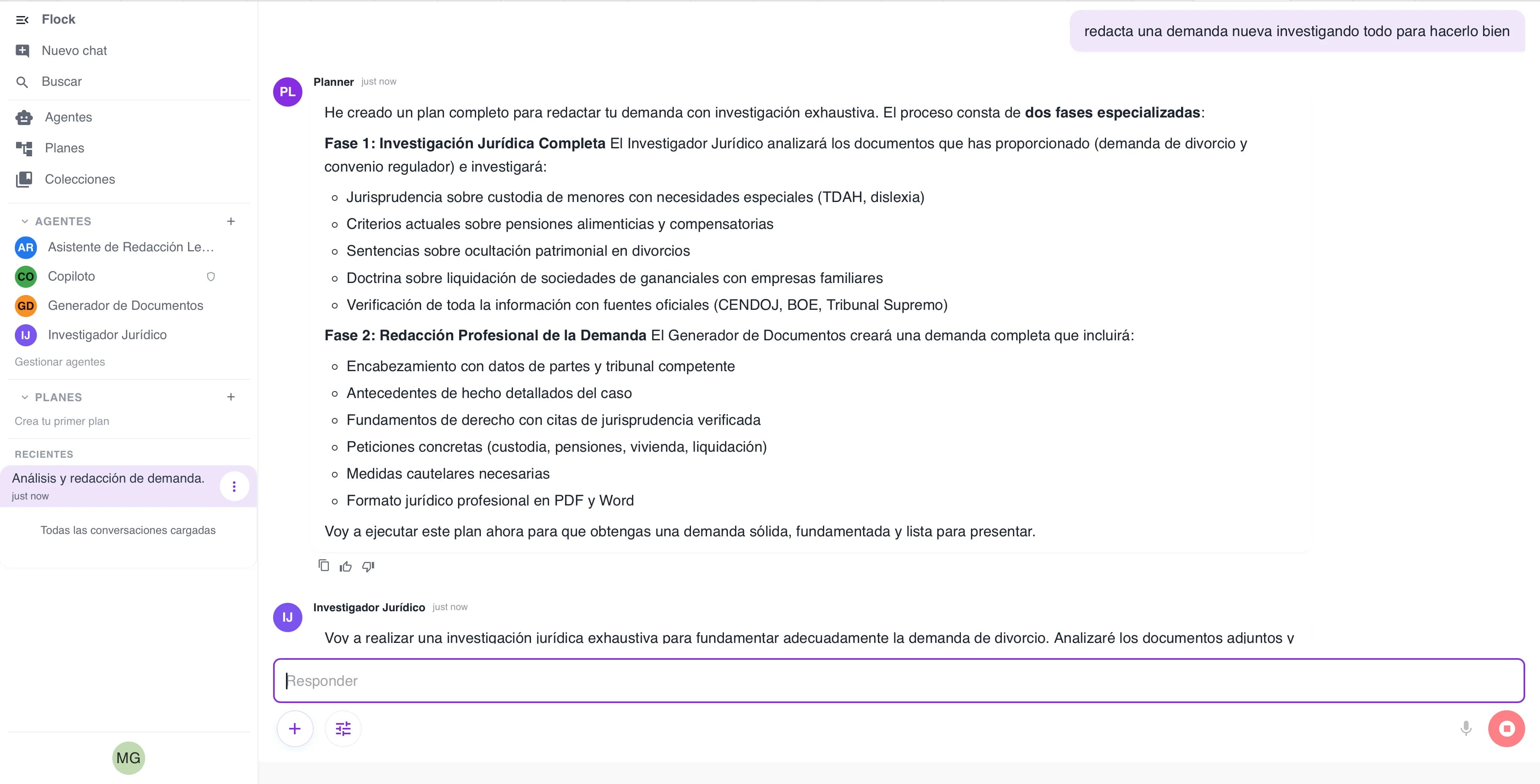 Planner de Flock mostrando un plan en dos fases: Investigación Jurídica + Redacción Profesional para el caso de divorcio Serrano-Montero.
