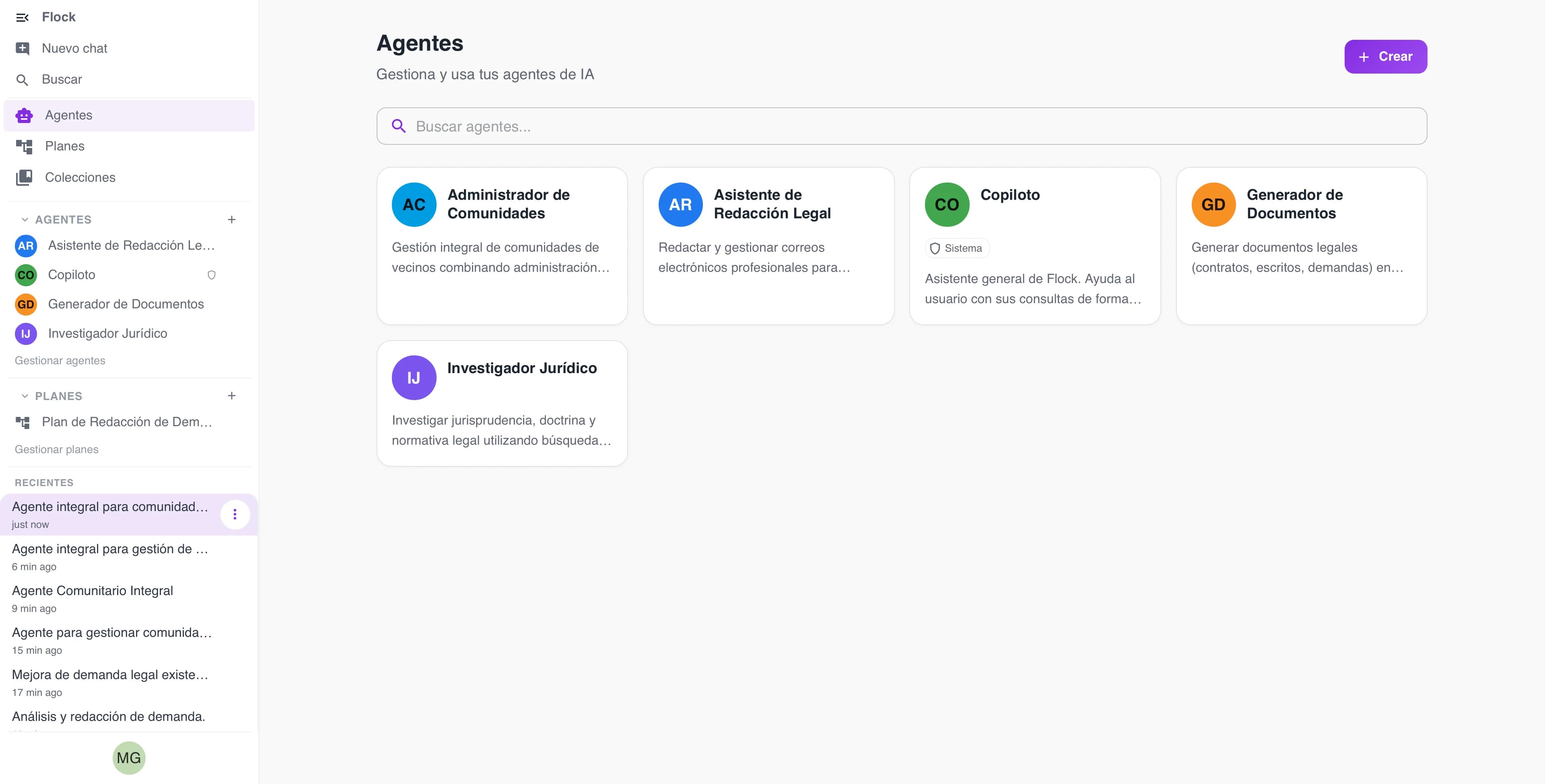 Grid de agentes en Flock: Administrador de Comunidades, Asistente de Redacción Legal, Copiloto, Generador de Documentos e Investigador Jurídico.