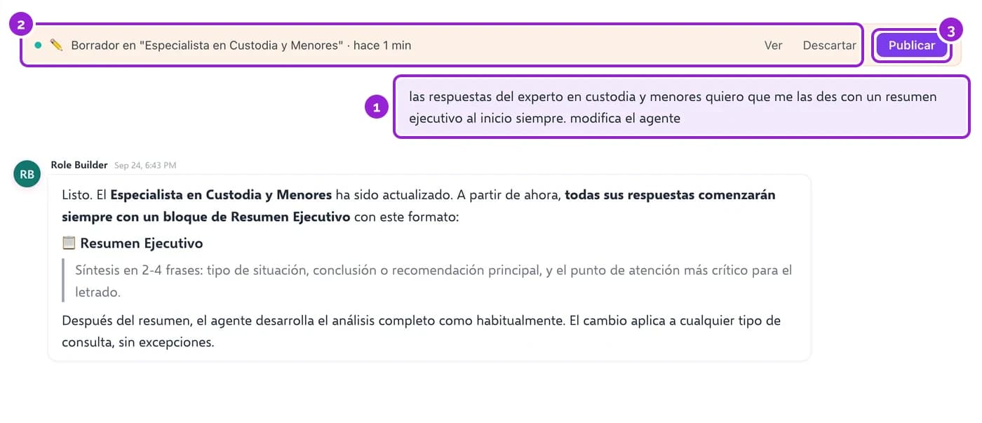 Aviso de borrador del especialista en custodia y menores con los botones Ver, Descartar y Publicar
