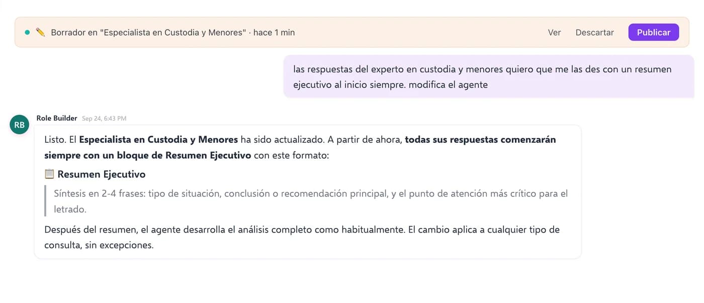 Cambio de instrucciones del agente en borrador, con el botón Publicar