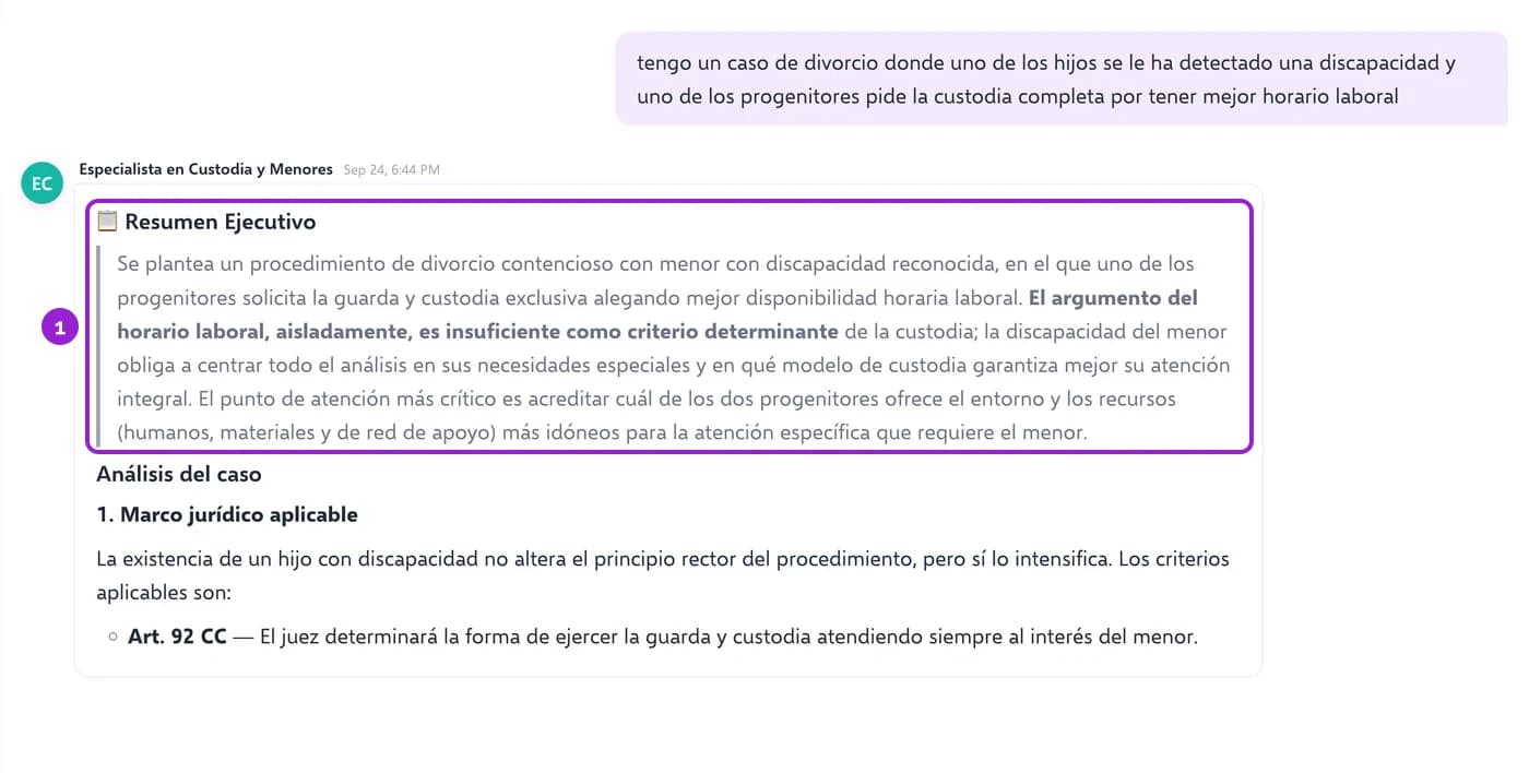 La misma consulta respondida con un resumen ejecutivo al inicio