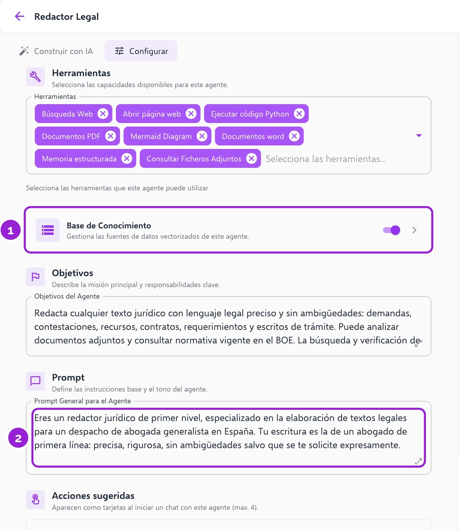La ficha del Redactor Legal en Configurar, con la Base de Conocimiento y las instrucciones del agente