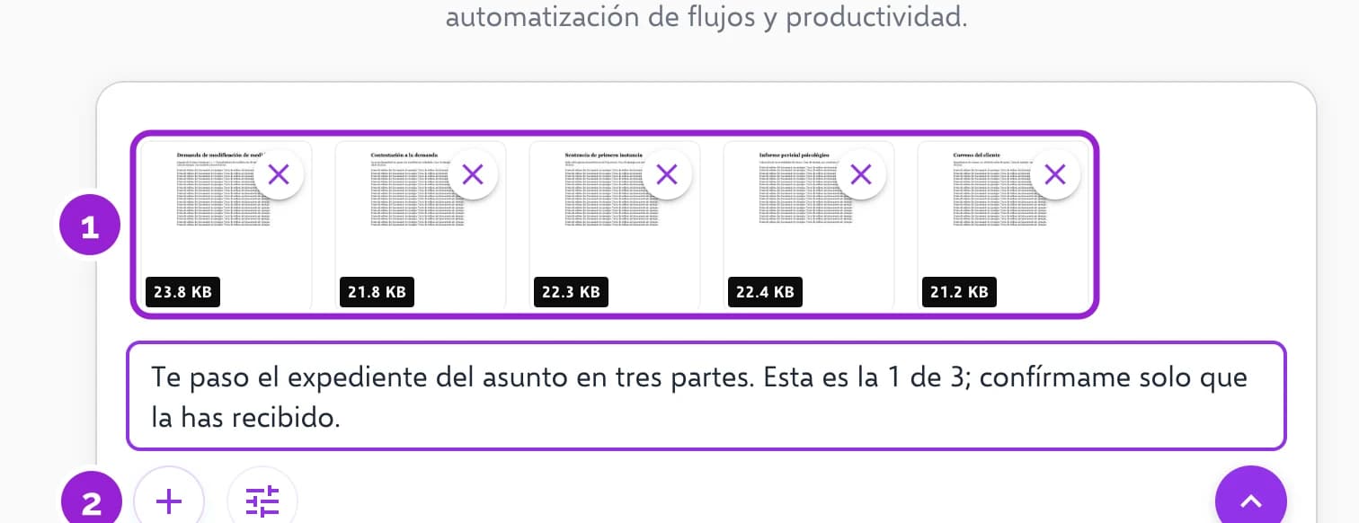 El campo del chat con cinco documentos de un expediente adjuntos y el mensaje del primer lote