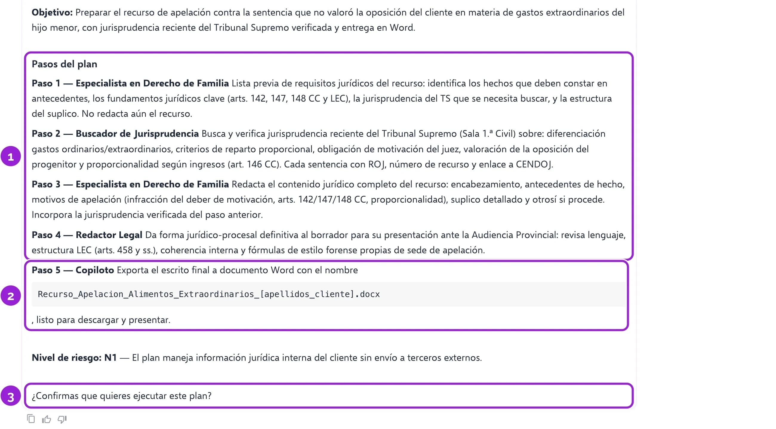 El organizador reparte el encargo del recurso de apelación en cinco pasos, del especialista en familia al documento Word, y pide confirmación