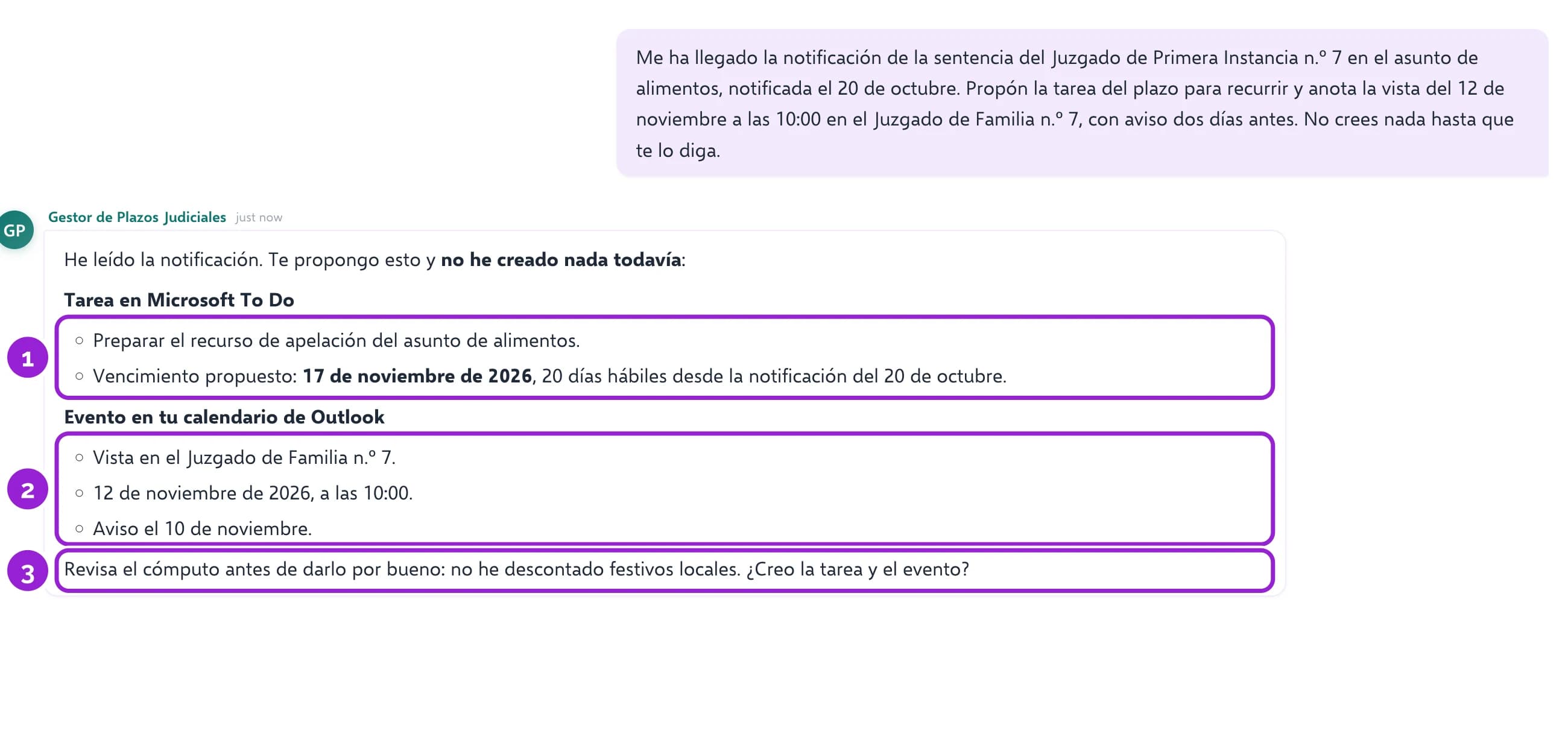 El Gestor de Plazos Judiciales propone la tarea del plazo y el evento de la vista sin crearlos todavía
