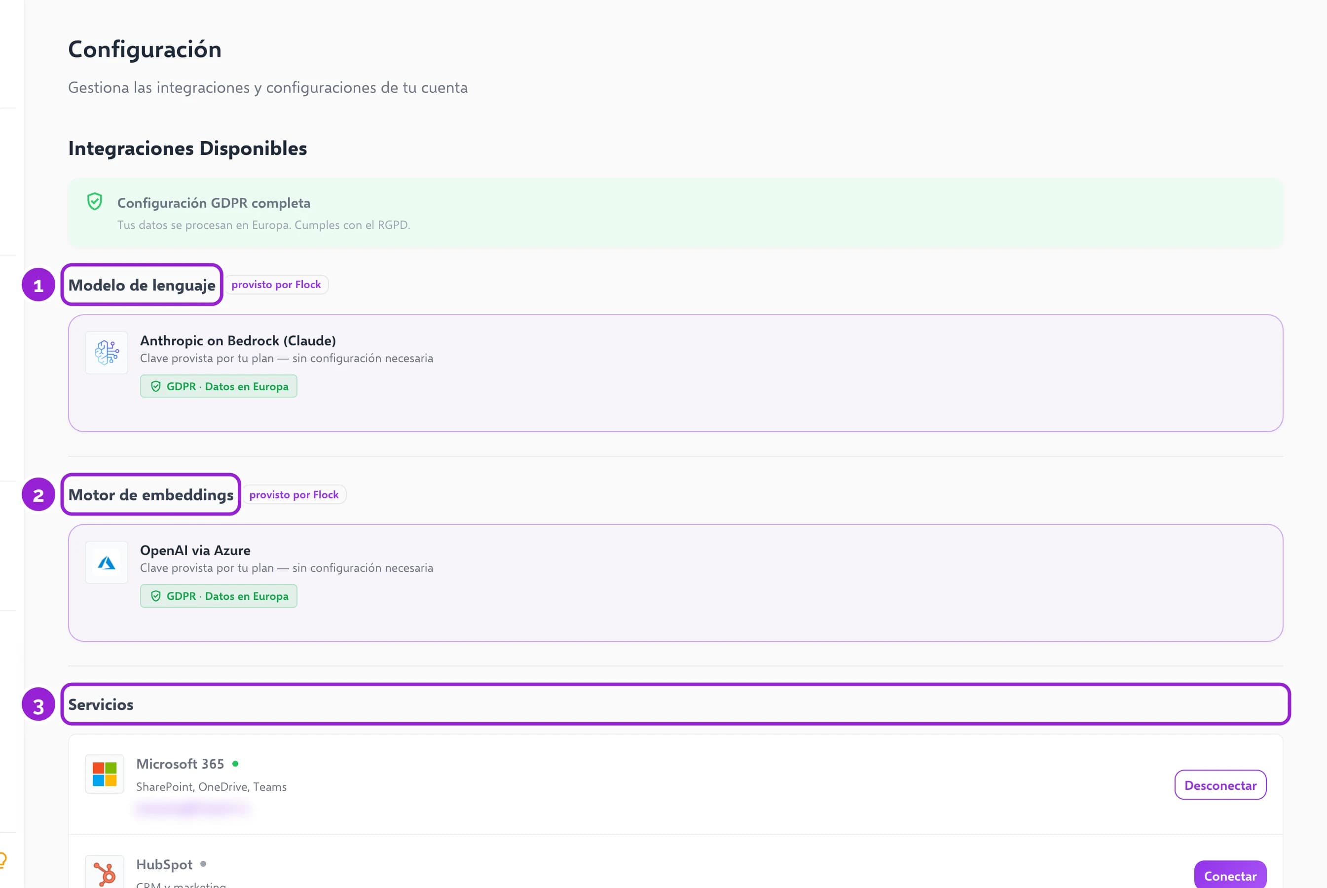 La pantalla de Configuración, con el modelo de lenguaje, el motor de embeddings y los servicios conectados
