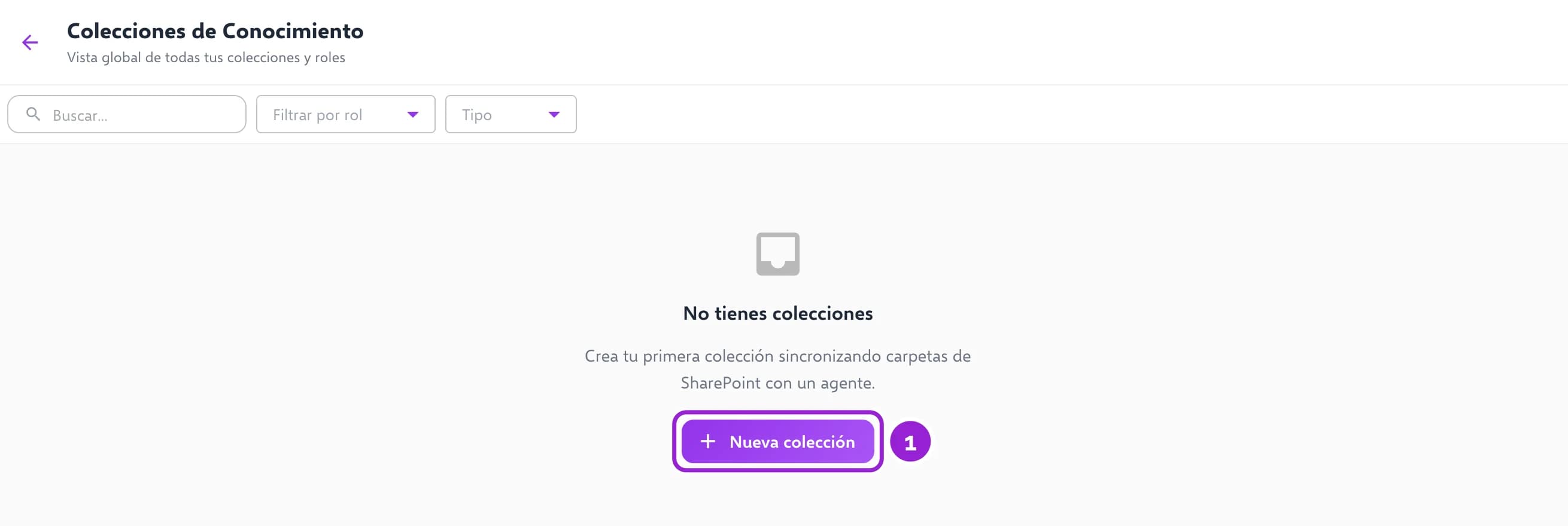 Colecciones de Conocimiento de una cuenta todavía sin colecciones, con el botón Nueva colección