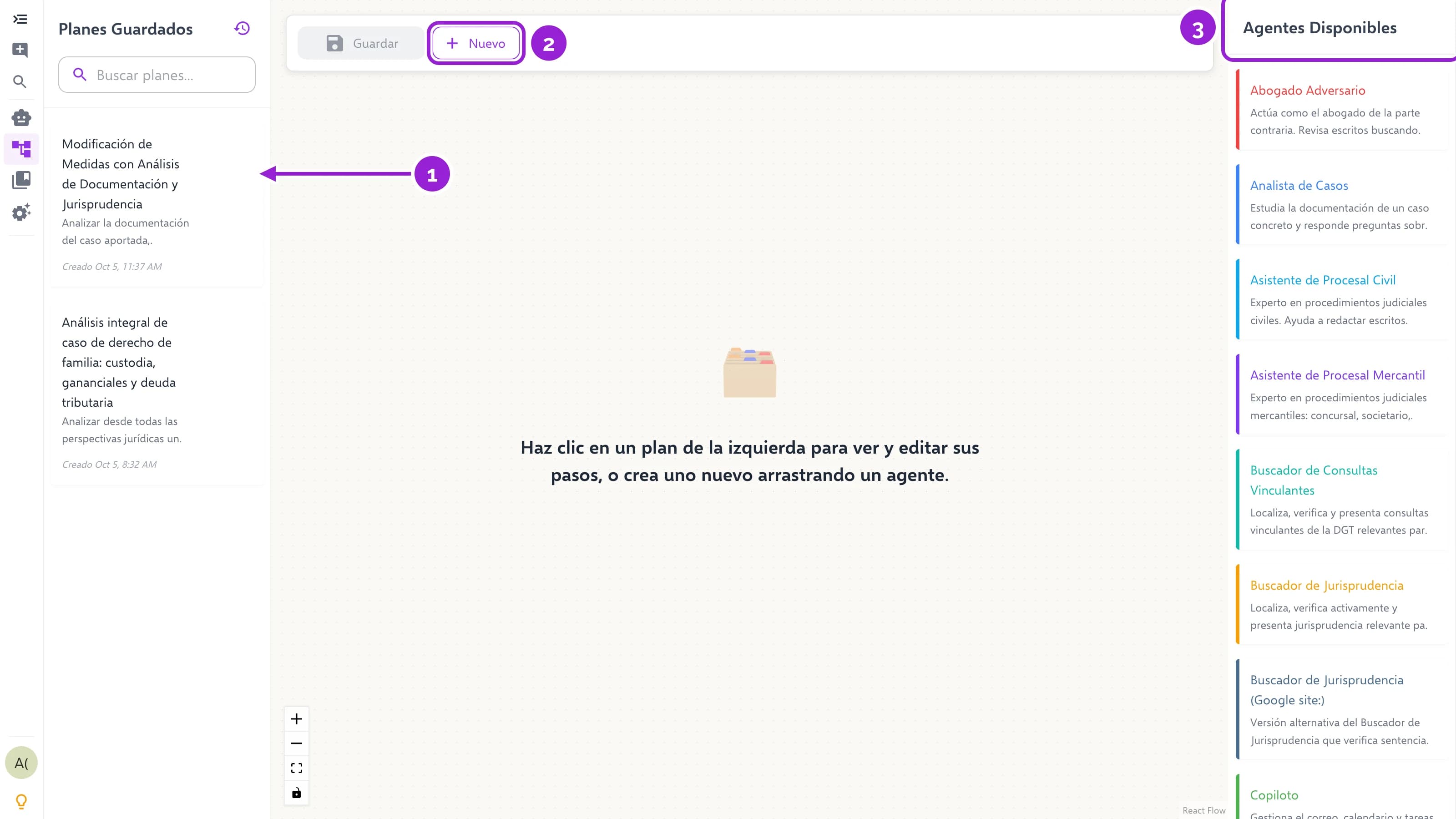 El editor de planes, con los planes guardados a la izquierda, el lienzo en el centro y los agentes disponibles a la derecha