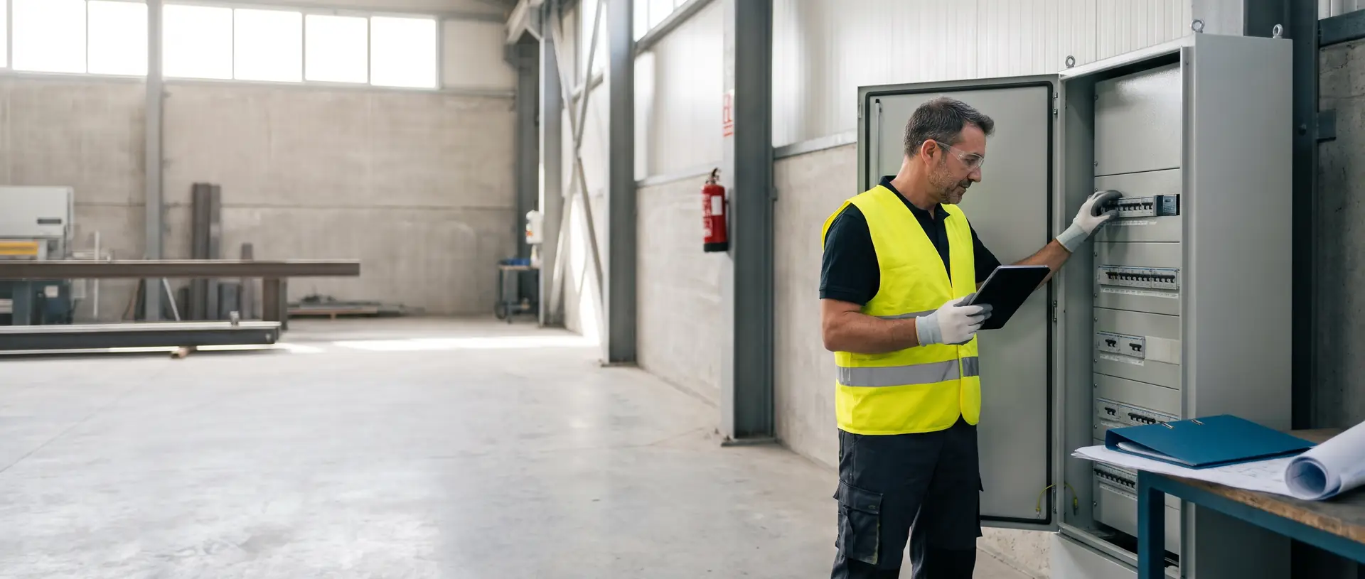 Un técnico con chaleco revisa un cuadro eléctrico en una planta